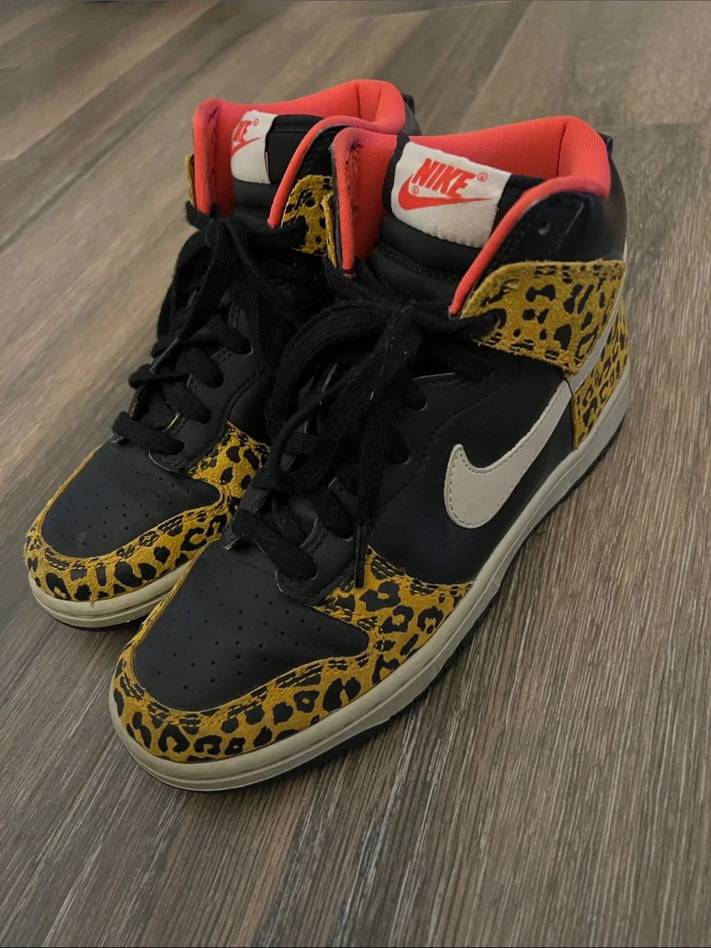 Nike Black & Yellow Leopard High-Top Sneakers with Coral Lining